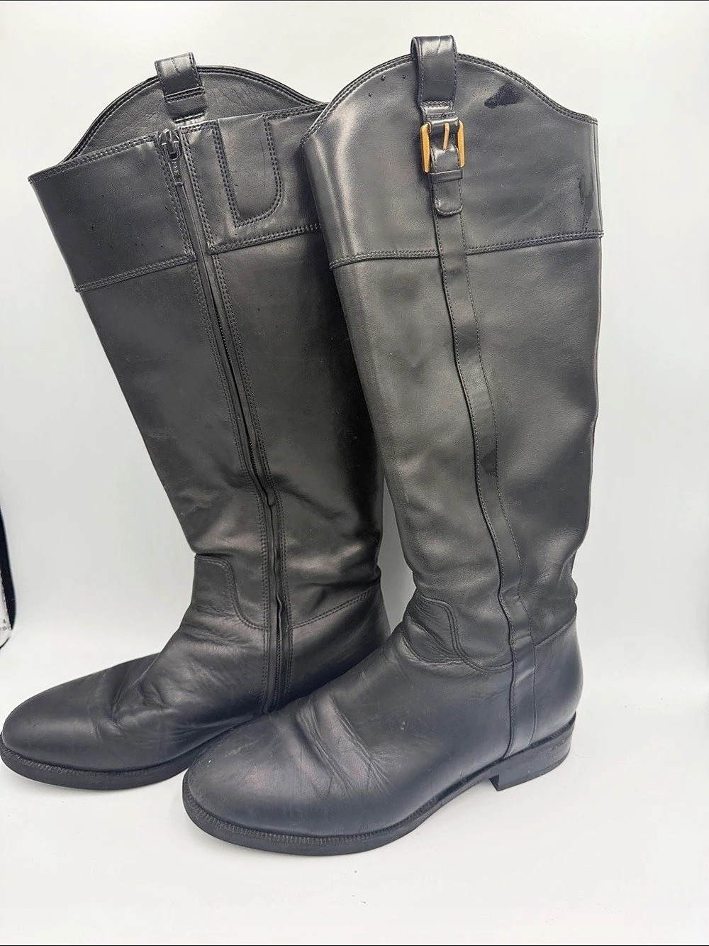 Vionic Black Leather Tall Boots US 8.5 zip gold details  low heel, circa 2023